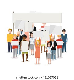 Riot demonstration, crowd of people with empty posters with place for text, flat illustration isolated on white