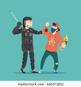 Riot officer clash with protestor. Vector illustration. 