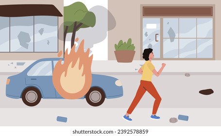 Riot on the street. Car burning. Rioters and protesters destroying cars, looting shops and beaking windows. Runing away woman. Vector