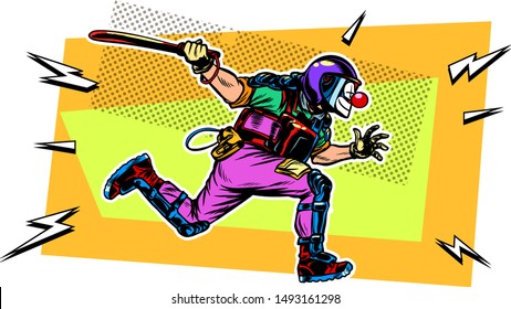 riot police with a baton. clown mask. Pop art retro vector illustration drawing