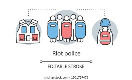 Riot police concept icon. Civil unrest control, rebellion suppression idea thin line illustration. People with shields, vest and protective equipment vector isolated outline drawing. Editable stroke