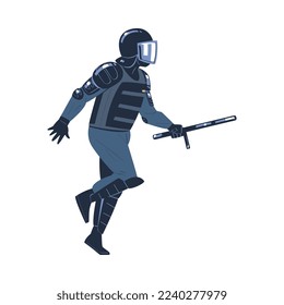Riot Police Officer and Squad Member in Uniform and Helmet with Baton Fighting Vector Illustration