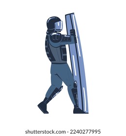 Riot Police Officer and Squad Member in Uniform and Helmet Hiding Under Shield Vector Illustration