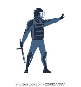 Riot Police Officer and Squad Member in Uniform and Helmet with Baton Showing Stop Gesture Vector Illustration
