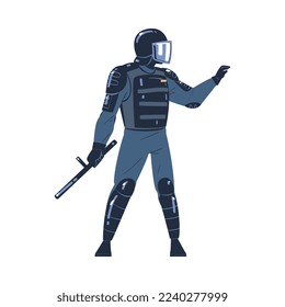 Riot Police Officer and Squad Member in Uniform and Helmet with Baton Maintaining Order Vector Illustration