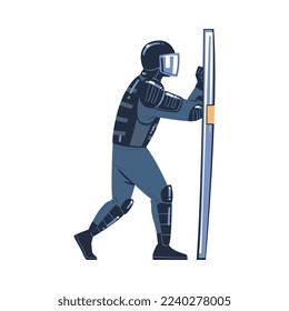 Riot Police Officer and Squad Member in Uniform and Helmet Hiding Under Shield Vector Illustration