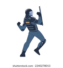 Riot Police Officer and Squad Member in Uniform and Helmet with Baton Fighting Vector Illustration