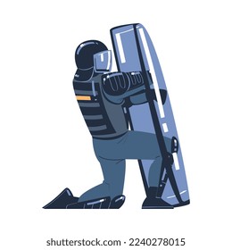 Riot Police Officer and Squad Member in Uniform and Helmet Hiding Under Shield Vector Illustration