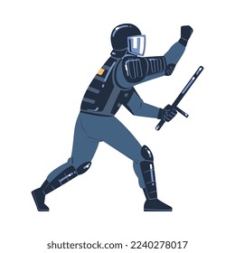 Riot Police Officer and Squad Member in Uniform and Helmet with Baton Fighting Vector Illustration