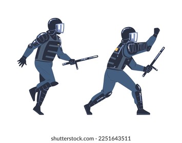 Riot Police Officer and Squad Member in Uniform and Helmet with Baton Fighting Vector Set