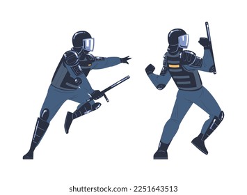 Riot Police Officer and Squad Member in Uniform and Helmet with Baton Fighting Vector Set