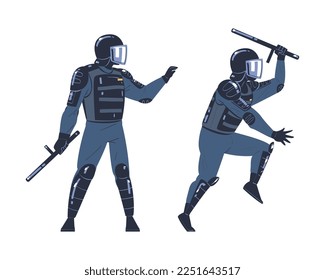 Riot Police Officer and Squad Member in Uniform and Helmet with Baton Fighting Vector Set