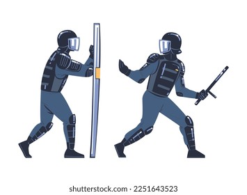 Riot Police Officer and Squad Member in Uniform and Helmet with Baton Fighting Vector Set