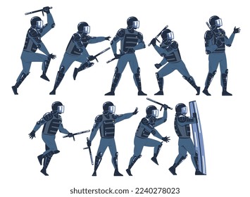 Riot Police Officer and Squad in Uniform and Helmet with Shield and Baton Confronting Crowds Vector Set