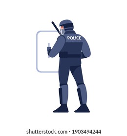 Riot police officer in uniform, helmet with shield and baton. Cartoon flat style character design vector illustration isolated on white background.