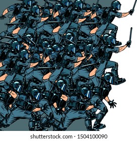 riot policeman attacks with a baton. police work. authoritarian and totalitarian regimes concept.Pop art retro vector illustration drawing