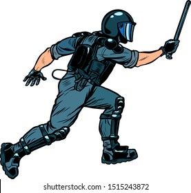 riot policeman attacks with a baton. police work. authoritarian and totalitarian regimes concept.Pop art retro vector illustration drawing