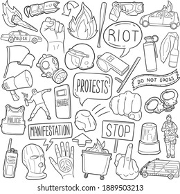 Juego de iconos del doodle de Protesta Contra Disturbios. Colección de ilustraciones de vectores de estilo de manipulación de policía y policías. Estilo de arte de la línea trazada por la mano de la pancarta.