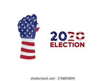 Riot protest fist raised in the air. Male clenched fist on dark grunge background. Election day. Usa debate of president voting 2020. Election voting poster. Vote 2020 in USA, banner design.