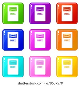 Riot shield icons of 9 color set isolated vector illustration