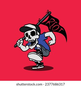 Riot Skull Character, Riot Cartoon Skull Character Vector Illustration