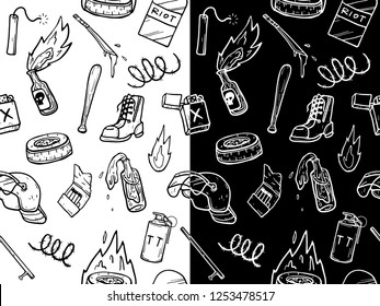 Riot stuffs icon seamless pattern in 2 color type normal and invert black and white