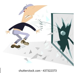 Riots. Angry man breaks the window by stone
