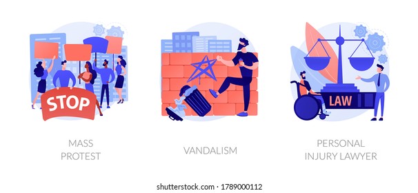 Riots outrage abstract concept vector illustration set. Mass protest, vandalism, personal injury lawyer, demonstration, political rights, racial equity, law enforcement, damage abstract metaphor.