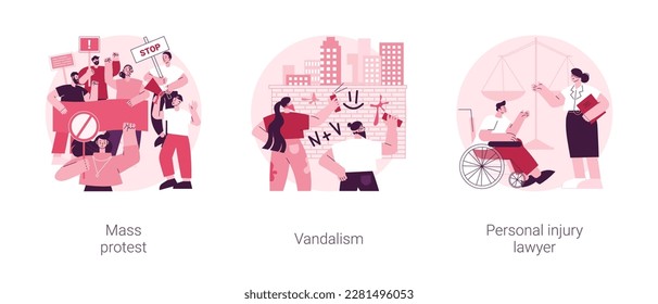 Riots outrage abstract concept vector illustration set. Mass protest, vandalism, personal injury lawyer, demonstration, political rights, racial equity, law enforcement, damage abstract metaphor.