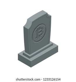 RIP bitcoin death. Tombstone for cryptocurrency. Gravestone electronic money. grave Memorial Virtual cash
