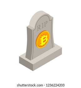 RIP bitcoin death. Tombstone for cryptocurrency. Gravestone electronic money. grave Memorial Virtual cash
