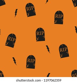 RIP - black gravestones on orange background with flashes. Seamless vector pattern, fully editable. Perfect for Halloween.