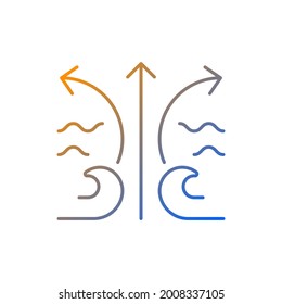 Rip current wave gradient linear vector icon. Potential dangerous threat to surfer. Flat spot in waves. Surf zone. Thin line color symbols. Modern style pictogram. Vector isolated outline drawing