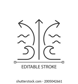 Rip current wave linear icon. Potential dangerous threat to surfer. Flat spot in waves. Surf zone. Thin line customizable illustration. Contour symbol. Vector isolated outline drawing. Editable stroke