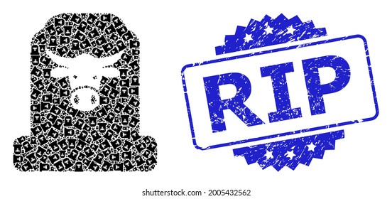 RIP dirty seal print and vector recursive collage cow cemetery. Blue stamp seal contains RIP title inside rosette. Vector mosaic is organized with recursive rotated cow cemetery items.