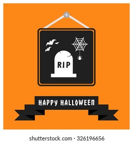 Rip Grave with Spider net and bats flying icon. Black Happy Halloween Ribbon Banner on Orange background. Vector illustration