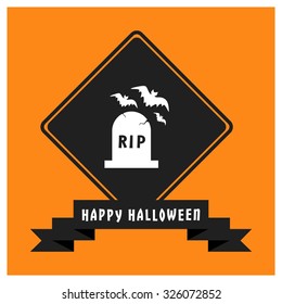 RIP grave yard with bats flying icon. Black Happy Halloween Ribbon Banner on Orange background. Vector illustration