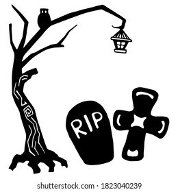 RIP Gravestone And Cross On White Isolated Backdrop. Spooky Tree For Invitation Or Gift Card, Notebook, Bath Tile, Scrapbook. Phone Case Or Cloth Print Art. Doodle Style Stock Vector Illustration