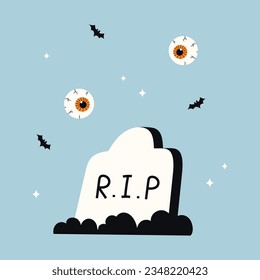 RIP gravestone. Cute creepy Helloween tomb stone with bats and flying eyes, memorial for death. Halloween childrens tombstone poster in cartoon style hand drawn. Flat Vector stock illustration