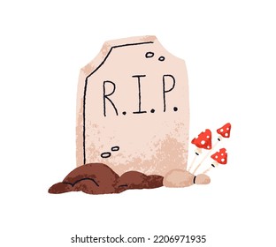 RIP Gravestone. Halloween Tombstone. Grave Headstone, Graveyard With Mushroom. Cute Creepy Helloween Tomb Stone, Memorial For Death. Flat Vector Illustration Isolated On White Background