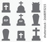 RIP Gravestone Vector Set – Halloween Horror Graveyard Elements in Gray Color on Transparent Background. EPS 10.