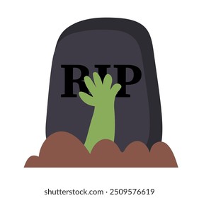 Lápida de R.I.P con mano zombi. Lápida de Halloween. Lápida de tumba, cementerio. Lápida espeluznante de Halloween, monumento a la muerte. Ilustración vectorial plana aislada sobre fondo blanco.