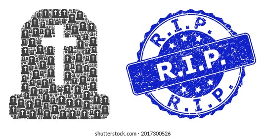 Q.E.P.D. imitación de foco redondo y cementerio de mosaico de recursión vectorial. El sello azul tiene R.I.P. texto dentro de la forma de círculo. El mosaico vectorial se crea con elementos dispersos del cementerio.