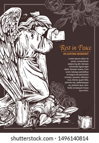 Rip massage card with vintage stone angel with cross. Hand drawn sketch illustration for condolence card and advertising of columbarium and cemetry. Funeral servica poster