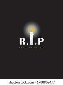 RIP memorial condolence flat design. Death mourning with white candle flame isolated on black background. Funeral card design. 