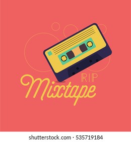 "RIP mixtape" quote. vector illustration of a retro cassette in bright colours on a red background. mixtape concept. eps 10