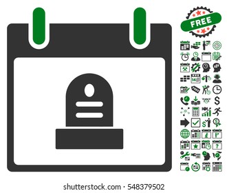 Rip Monument Calendar Day icon with bonus calendar and time management icon set. Vector illustration style is flat iconic symbols, green and gray, white background.