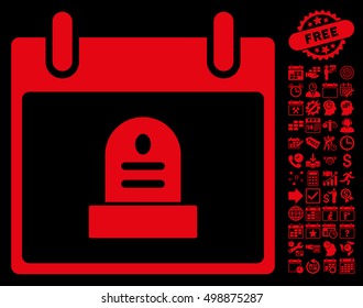 Rip Monument Calendar Day pictograph with bonus calendar and time management icon set. Vector illustration style is flat iconic symbols, red, black background.