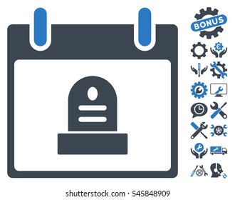 Rip Monument Calendar Day pictograph with bonus tools graphic icons. Vector illustration style is flat iconic symbols, smooth blue, white background.