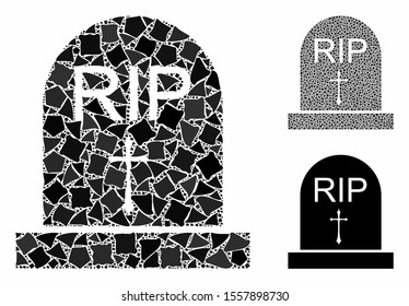 RIP mosaic of rough pieces in different sizes and color tints, based on RIP icon. Vector rough pieces are organized into composition. RIP icons collage with dotted pattern.